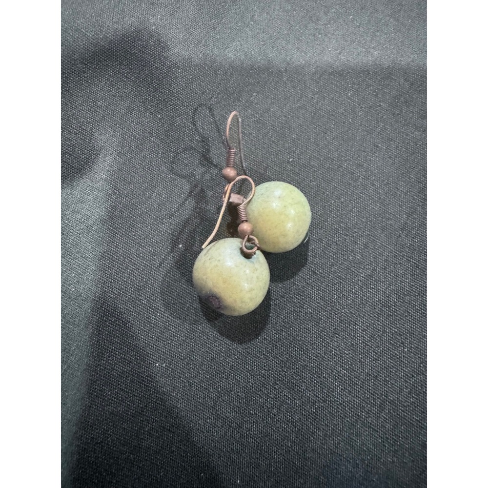 Handmade Sage Green Stone Sphere Drop Earrings Copper Tone French Wire Hooks